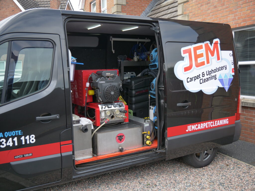 Jem Carpet & Upholstery Cleaning Van With Side Door Open Showing State Of The Art, High Powered Cleaning Equipment